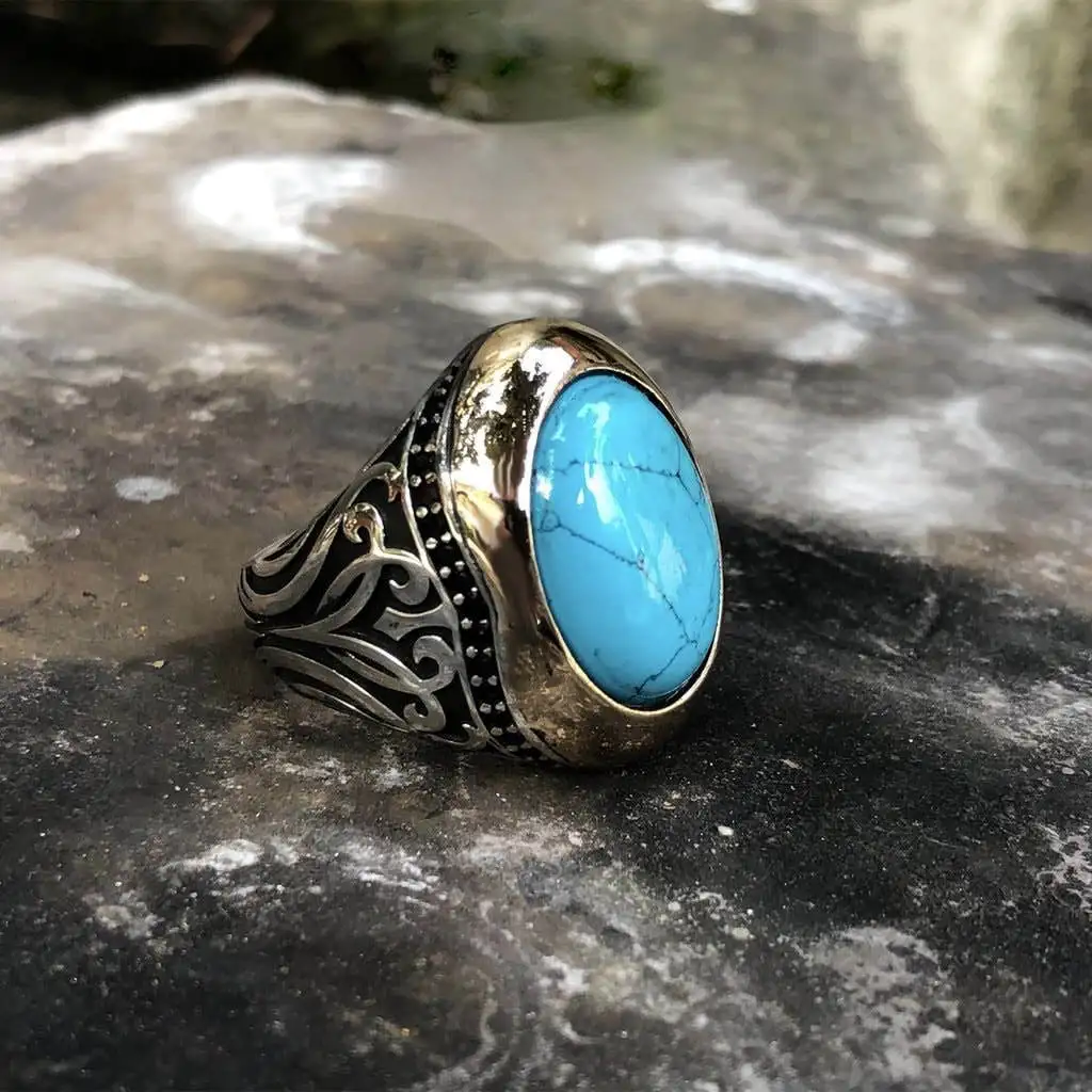

New Personality Retro Punk European and American Gemstone Turquoise Ring Male Tiger Eye Stone Two-color Ring Temperament Jewelry