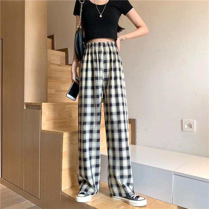 

Checkered Pants Women Summer Korean Plaid Pants Oversize Pants Wide Leg Pants Streetwear Casual Retro Pants Universal Trousers