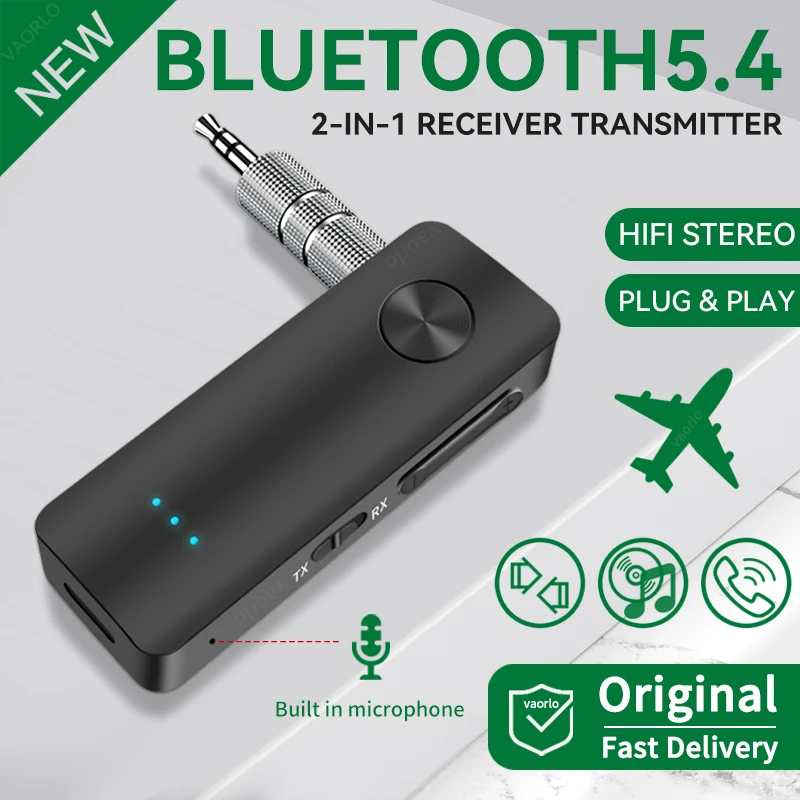2-In-1 Wireless Audio Adapter Bluetooth 5.4 Receiver Transmitter 3.5mm AUX Lossless Sound MIC For Car Speaker TV PC Airplane