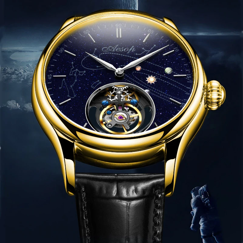Часы AESOP Мужские механические брендовые золотистые наручные часы с турбийоном