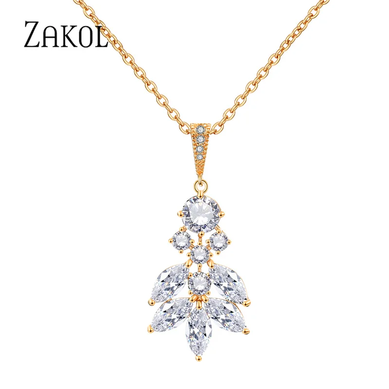 ZAKOL Fashion AAA Cubic Zirconia Leaf Chain Necklace Pendant for Women Crystal Wedding Dinner Party Custom Jewelry FSNP2089 | Украшения и
