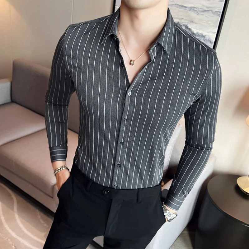 

Autumn Striped Business Dress Shirts Men Long Sleeve Slim Fit Casual Shirt Streetwear Social Party Tuxedo Blouse Men Clothing