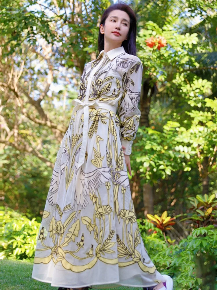 

Designers 2022 Spring Summer High Quality New Women's Fashion Prints Vintage Elegant Casual Party Office Print Belts Shirt Dress