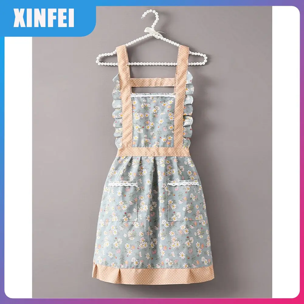 

Breathable Sleeveless Apron Lace Floral Pattern Adult Work Clothes Female Princess Style Kitchen Apron Home Cleaning Pastoral