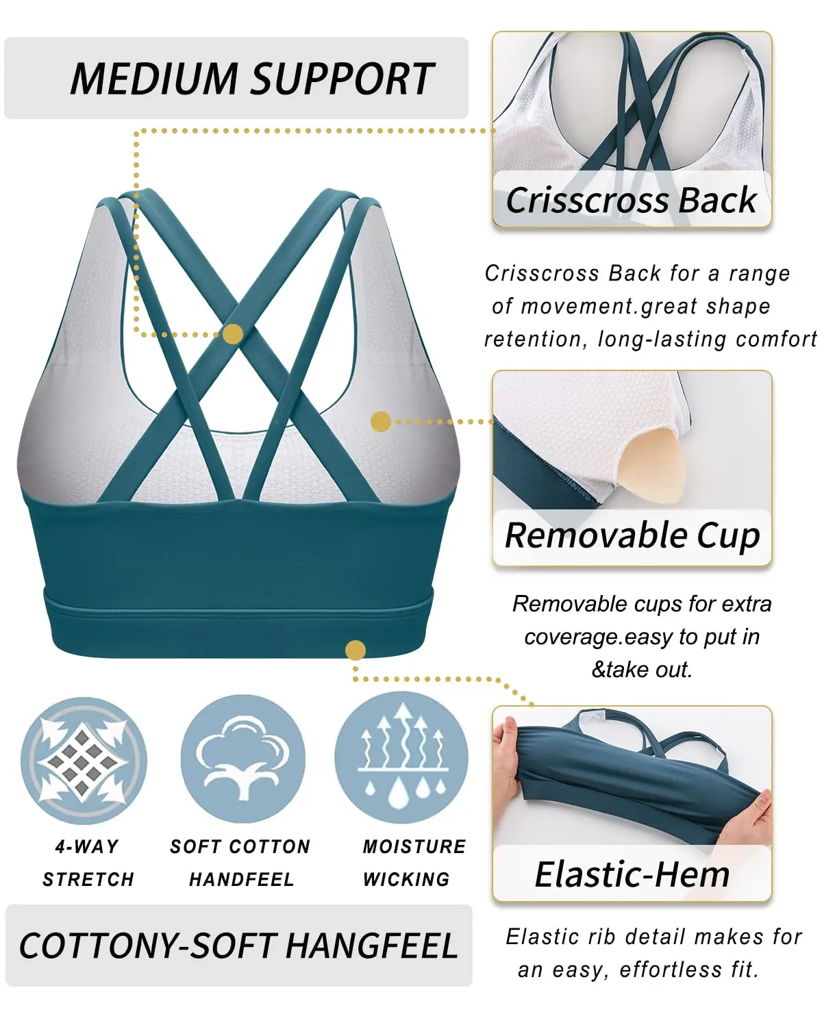 UETEEY Women Sports Bra Back Padded Strappy Yoga Top Bra Breathable Gym Sportswear With Removable Cups for Gym Fitness Yoga