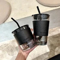 350ml 450ml creative glass coffee straw cup with lid heat resistant water bottle beer tea drinkware couple coffee mug with straw