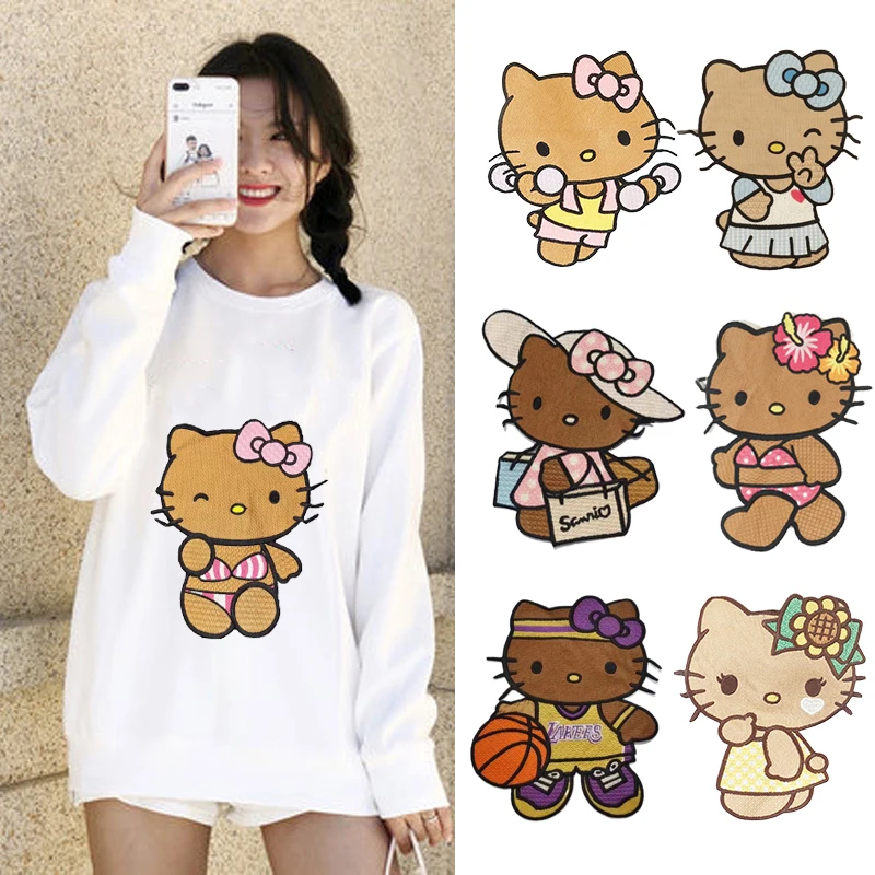 

Kawaii Hello Kittys Parches Sew Applique Anime Kt Embroidered Patches Sew On Sticker for Clothes Garment Coat Diy Accessories