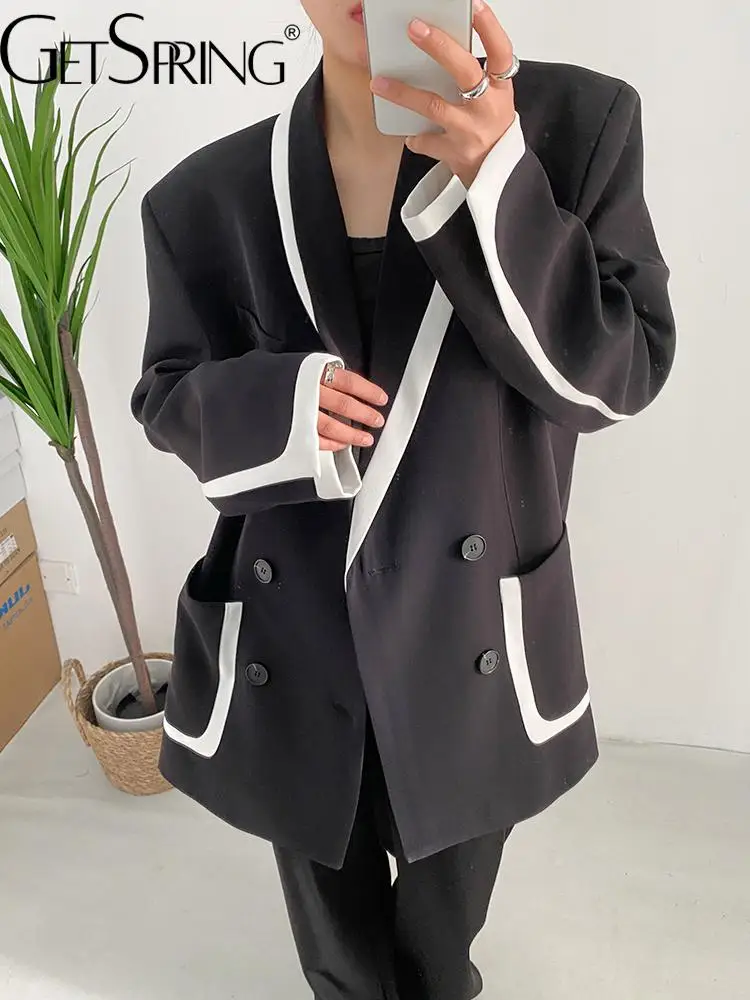 

GetSpring женский двубортный блейзер с длинным рукавом в стиле пэчворк, женский черный костюм, пальто, модный свободный Женский блейзер 2022