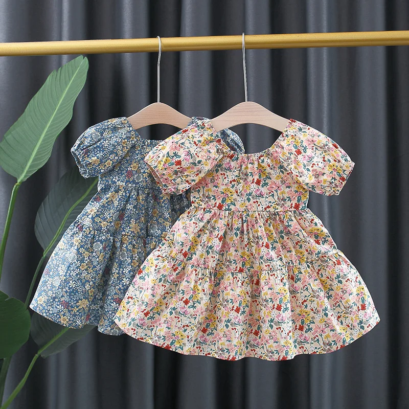Summer Puff Sleeves Backless Children Clothes Spring Retro Floral Baby Girl Dresses Infant Kids Costume 0 To 3 Years Girls Dress