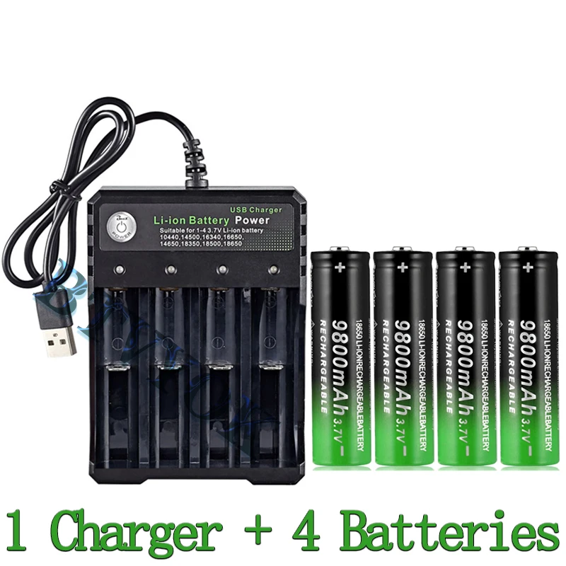 

3.7V Li-Ion 9800mAh Large Capacity Rechargeable 18650 Battery for LED Torch + 4 Slot Smart Charging USB Charger