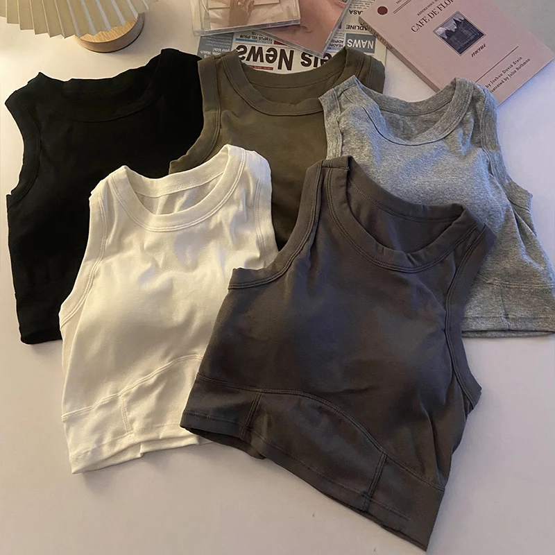 

Женские однотонные хлопковые эластичные облегающие Короткие топы с круглым вырезом Майки для бега с бюстгальтером без подкладки женские майки