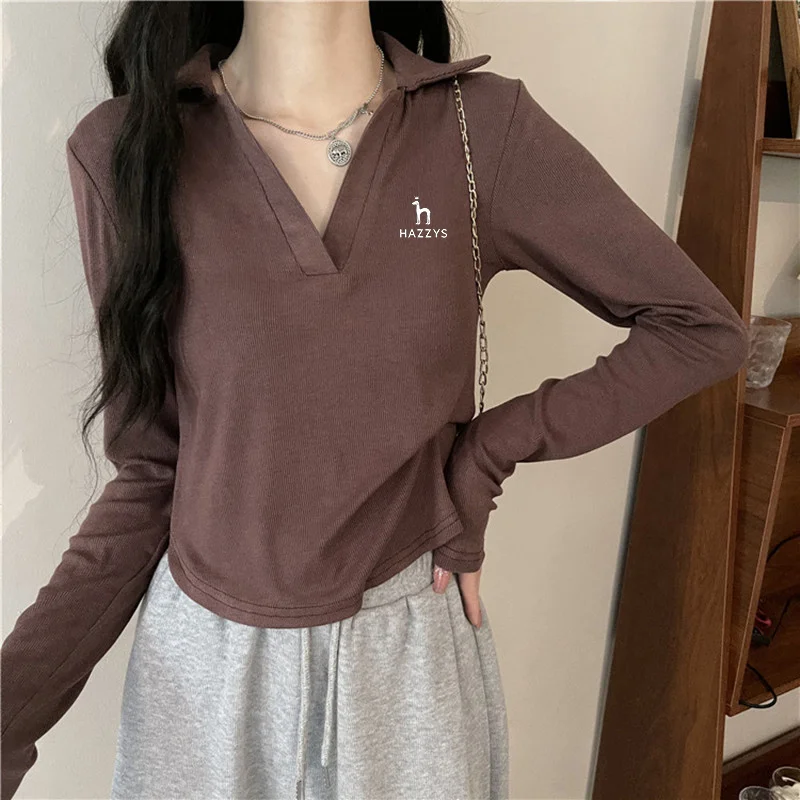 HAZZYS Ladies Golf Long Sleeve Tee Women's Lapels Instagram Spice Girls Slim Fit Casual Polo Neck Short Top Girls' Base Shirt