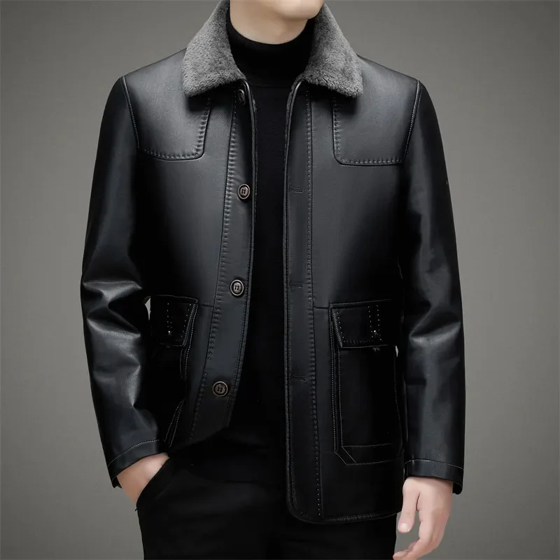 

Зимнее кожаное пальто, Мужская Утепленная куртка средней длины на флисовой подкладке с меховой вставкой, теплая куртка на белом утином пуху