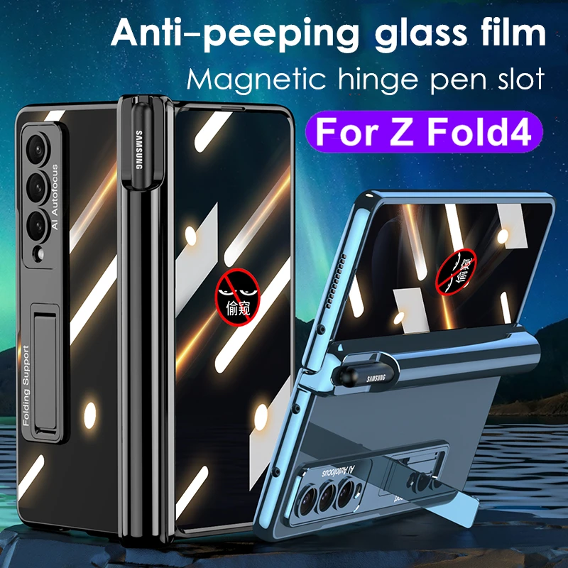 

Anti Peeping Tempered Film Capa for Samsung Galaxy Z Fold 4 Case Plating Magnetic Hinge Pen Slot Bracket Cover for Z Fold4 5G