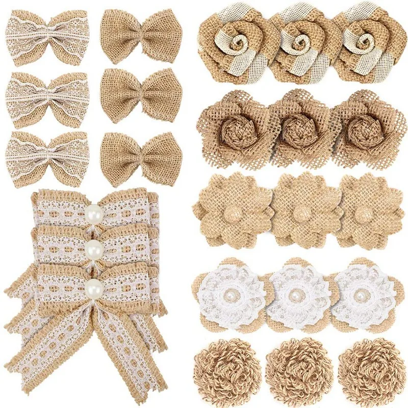 

Набор из 24 джутовых цветов и джутовых бантиков для творчества, украшения на свадьбу, Рождество, вечеринку, подарок