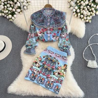 2022 fashion runway summer skirt suit womens flower print mesh patchwork ruffle blouse a line mini skirt 2 two piece set new
