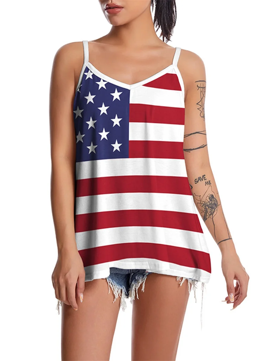 

Women Sexy Sleeveless Corset Independence Day USA Flag Print Cami Tank Top Backless Crop Vest Tops Summer T-shirt