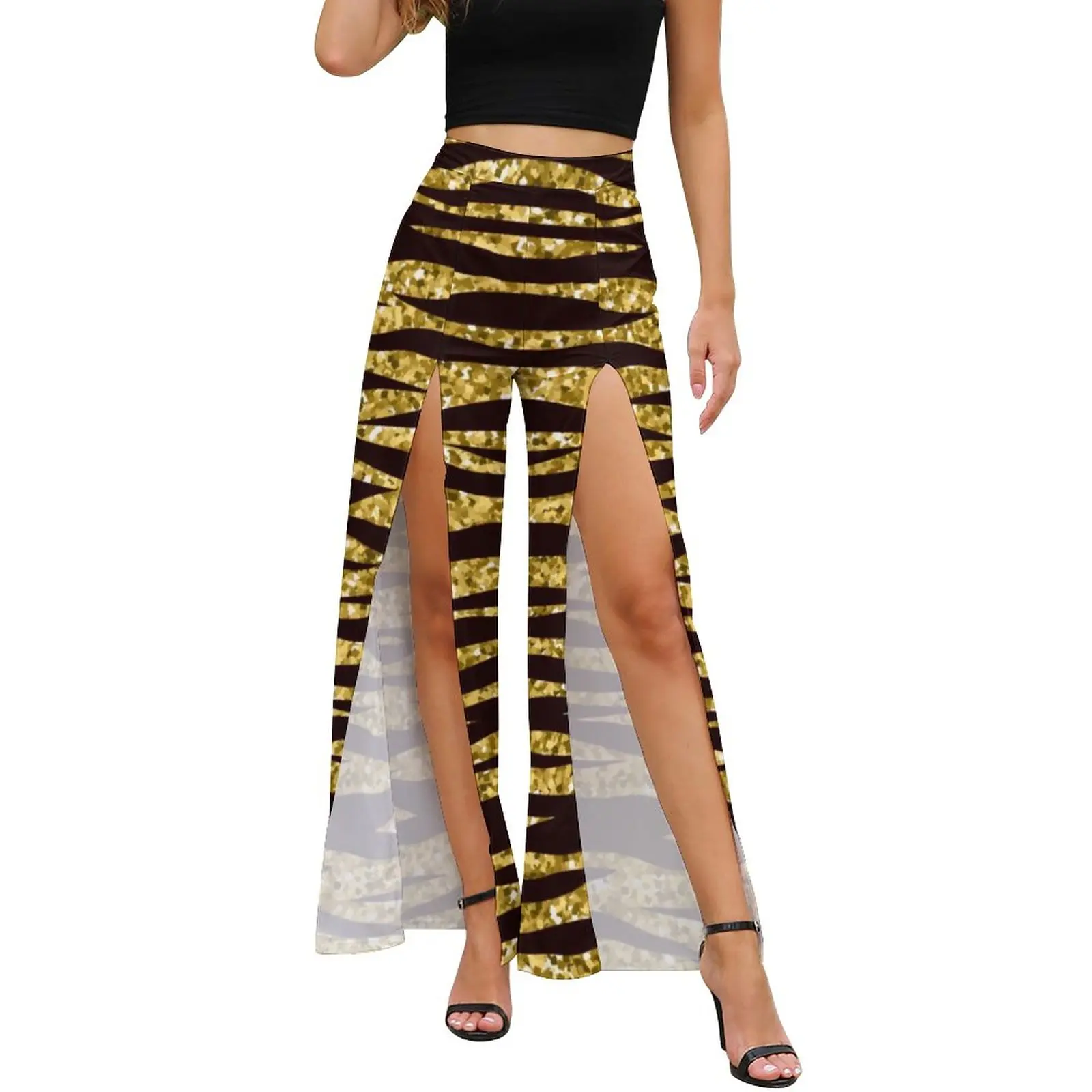 

Golden Tiger Stripes Pants Women Animal Skin Pattern Classic Pattern Wide Leg Pants Daily High Waisted Streetwear Trousers