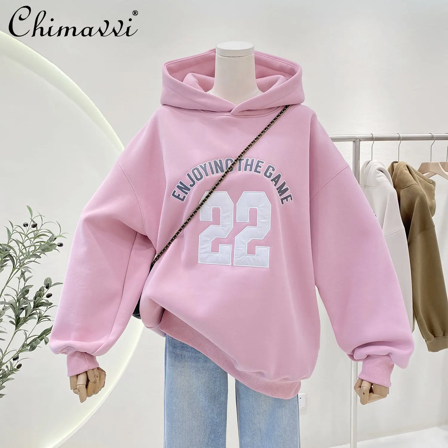 Fashion Letter Hooded for Women 2022 Autumn Winter New Loose Velvet Thickened Oversized Loose Lazy Pullover Sweatshirt Coat