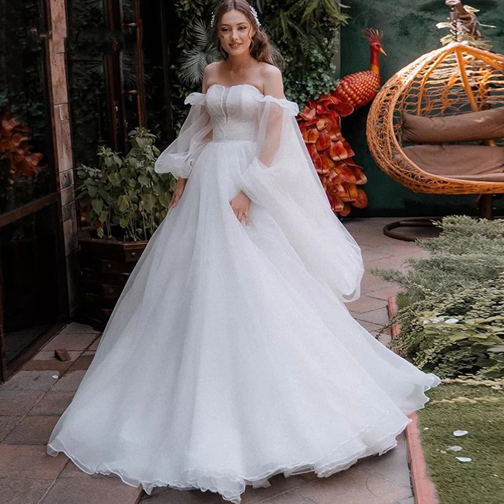 

Princess Strapless Wedding Dress 2022 Puff Long Sleeves Off Shoulder Sweep Train Vestido De Noiva Organza Bridal Gown Simple