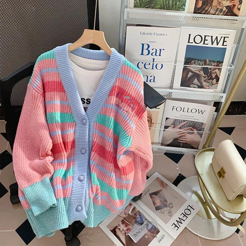

LQ_SONGYI High Quality Autumn Winter Sweaters Cardigan Candy Color Long Sleeve Sweater Coat Women Knitted Strip Sweater Jackets