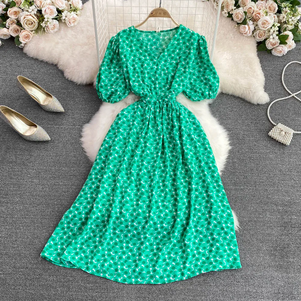 

2022 New Summer Vintage Print Elegant Women Dresses Korean Chic Beach Style Puff Sleeve Dress Japanese Sweet V Neck Vestidos
