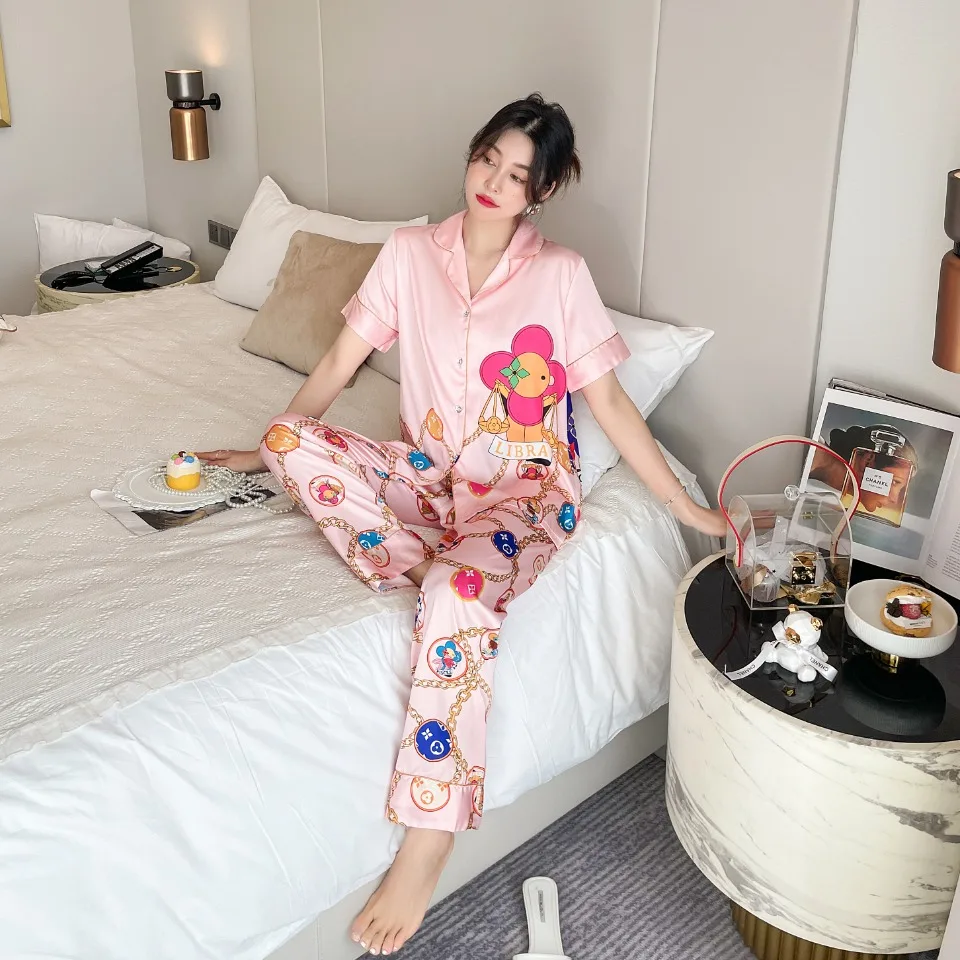 [Women's pajamas] [high-quality]2023 New Short Sleeve Long Pants Ice Silk Set Korean Version Sweet Sunflower Large Homewear