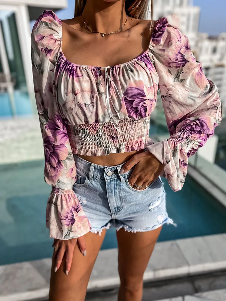 

Spring Floral Print Slim Long Sleeve Blouses Fashion Chiffon Design Street Ladies Top New Sexy One Shoulder Lace-up Short Shirts