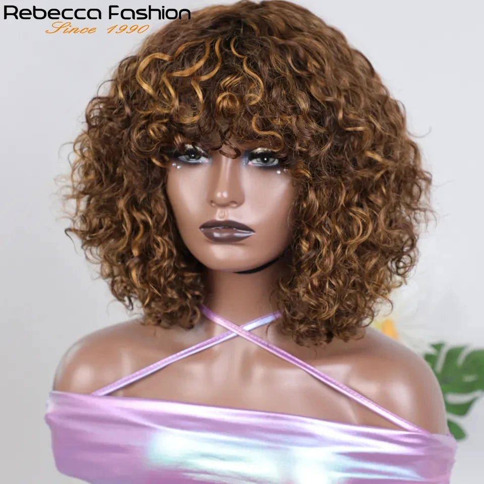 Rebecca Short Pixie Bob Cut Human Hair Wigs 250 Density With Bangs Jerry Curly Highlight P4/30/27 Water Wave Blonde  For Women