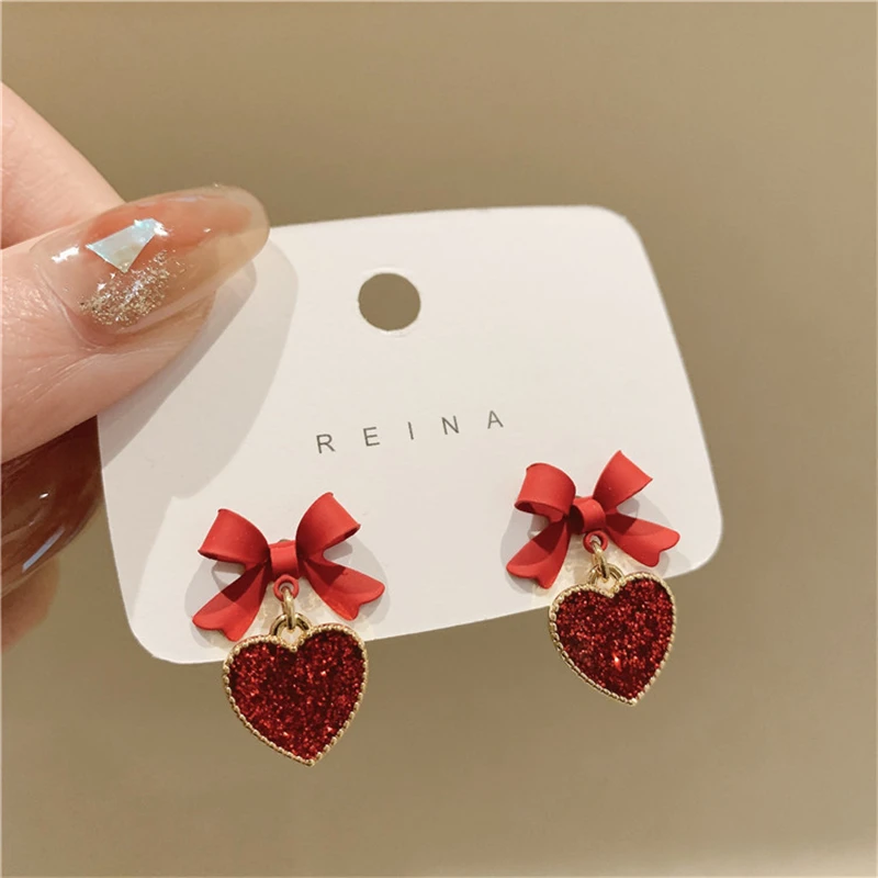 

New Bohemian Heart Dangle Earrings for Women Red Bowknot Top Hanging Earrings Sweet Fashion Ear Jewelry boucle oreille femme