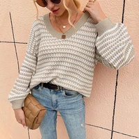 striped v neck knitted sweater women retro lantern sleeve loose casual pullover autumn winter all match warm jumper leisure tops