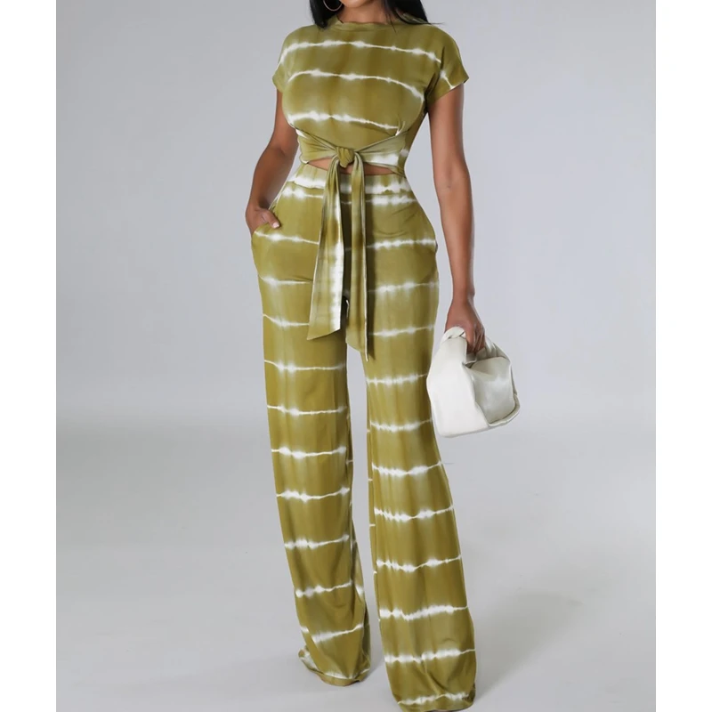 

Casual Summer Short Sleeve O Neck Crop Top High Waist Wide Leg Pants Clothing Suit Women Elegant Fashion Two Piece Set Outfits