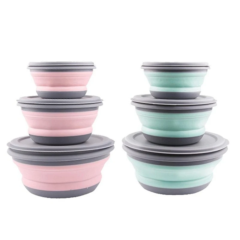 

6Pcs Bowl Sets Lunch Box Folding Bowl Portable Silicone Bowl Foldable Salad Bowl With Lid, 3Pcs Pink & 3Pcs Blue