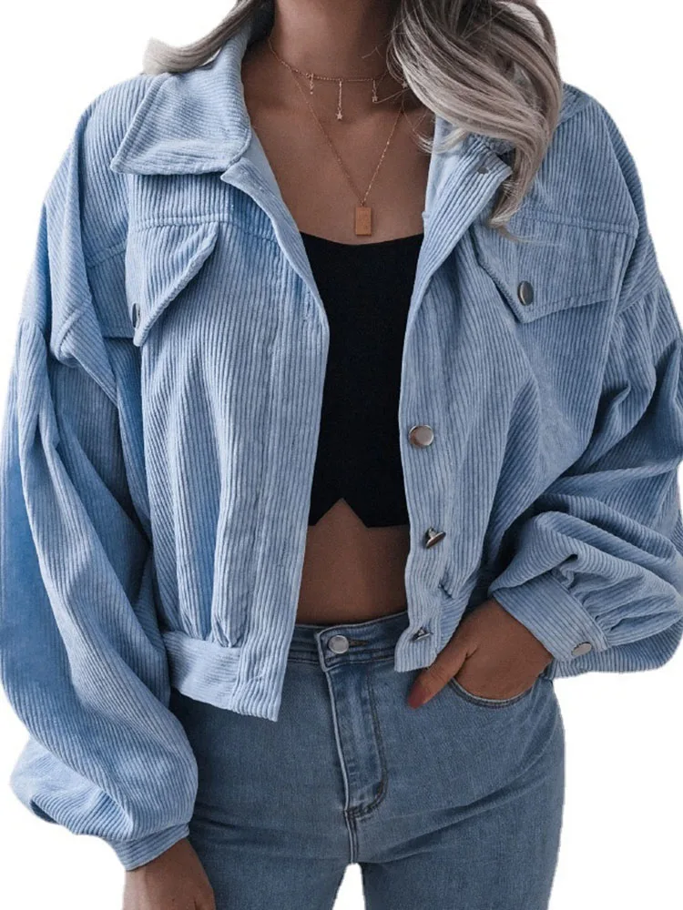 

Liooil Corduroy Cropped Jackets Women Sexy Button Up Cardigan Short Coats Long Sleeve Turndown Collar Streetwear Baggy Outerwear