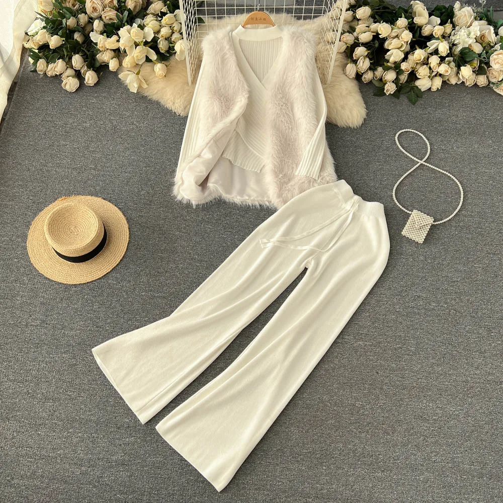 

Autumn Celebrity Style Hollow Bottoming Knitwear + Plush Vest + Wide-legged Pants Three Pieces Set
