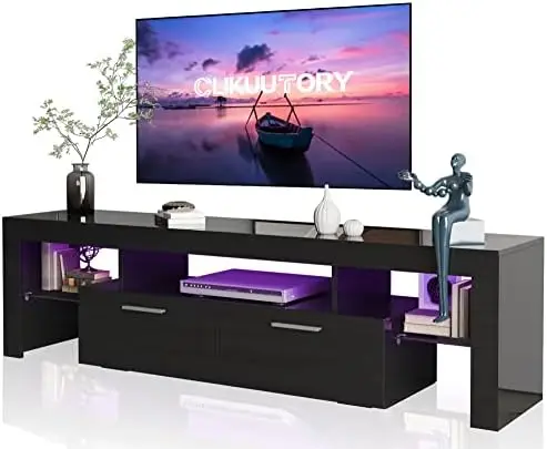 

LED 63 inch TV Stand with Large Storage Drawer for 40 50 55 60 65 70 75 Inch TVs, Black Wood TV Console with High Glossy Enterta