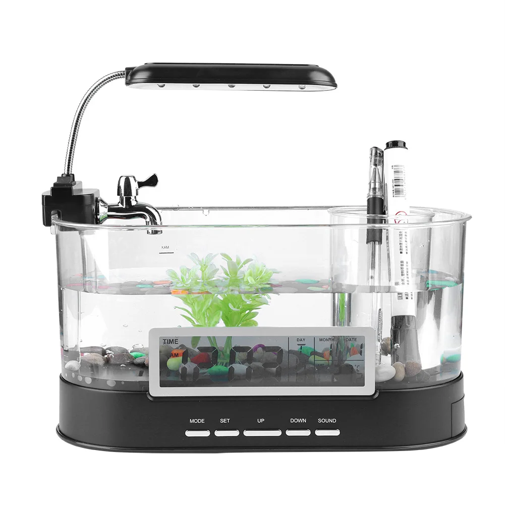 

Multifunctional USB Rechargeable Mini Fish Tank Aquarium with Clock Function LED Light Black multi-function