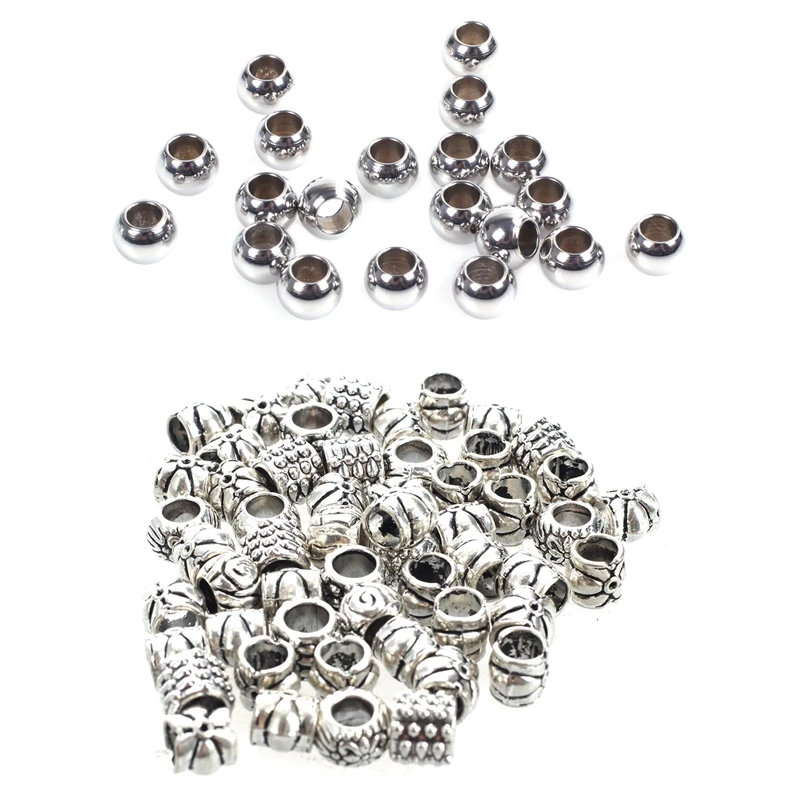 

70Pcs Beads: 20Pcs 6Mm Stainless Steel Beads Of Metal Craft Beads & 50Pcs Gift Mixed Alloy Spacers Charm Beads Fit Bracelet