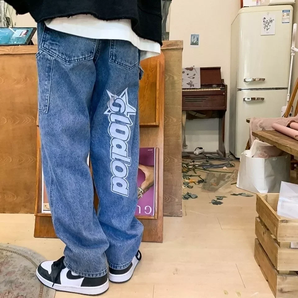 2022New American letters embroidered autumn street hip-hop loose jeans lovers four seasons trend wild thin wide-leg pants women