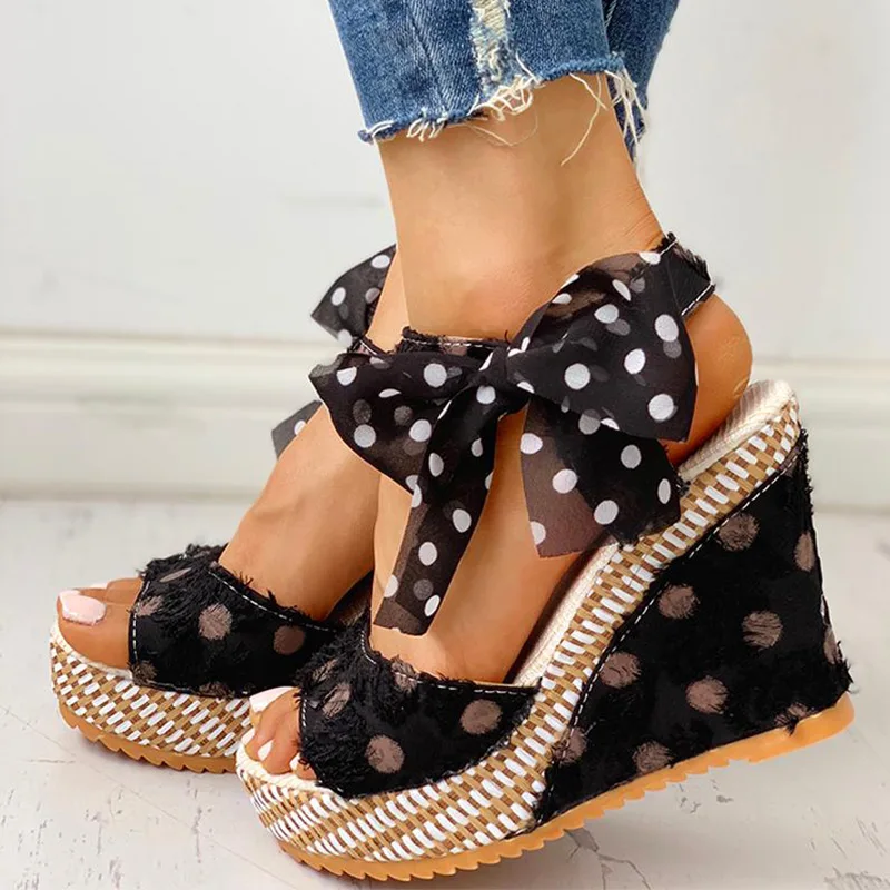 

Women Sandals Dot Bowknot Design Platform Wedge Female Casual High Increas Shoes Ladies Fashion Ankle Strap Open Toe Sandals