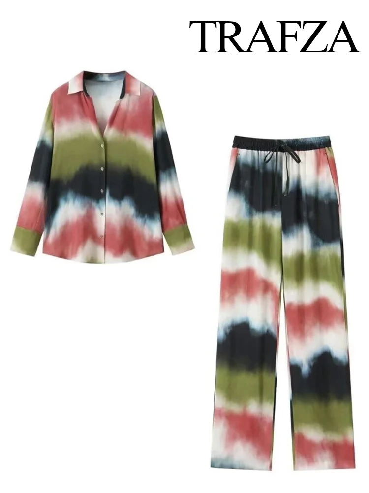 Женский брючный костюм с принтом однобортная рубашка длинным рукавом и