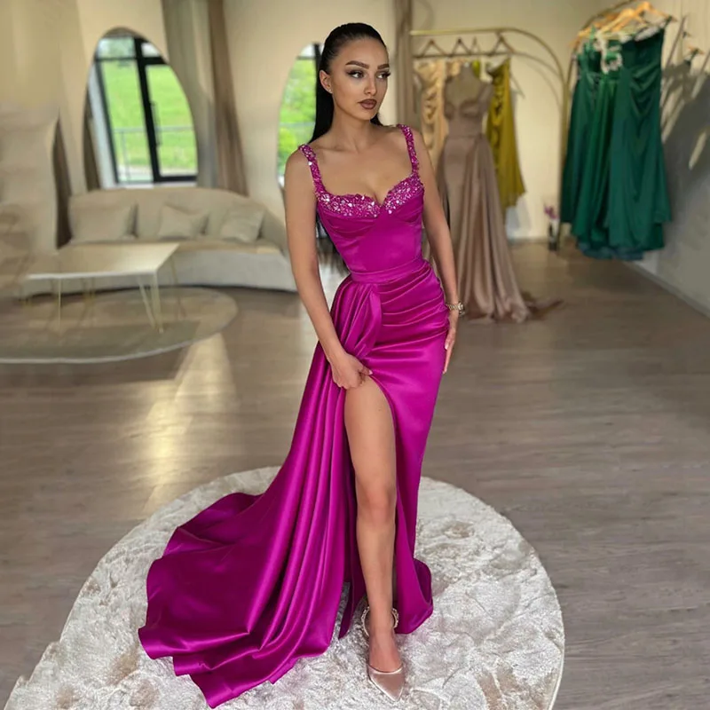 

Smileven Hot pink Evening Dresses Side Split Spaghetti Straps Saudi Arabic Prom Dress Side Split Pleats Formal Occasion Dresses