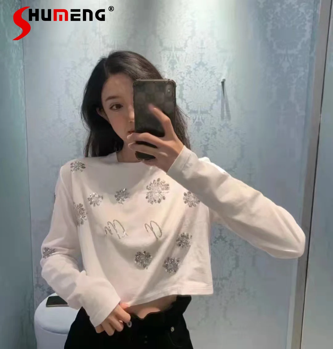 

Женская короткая футболка с вышивкой и блестками, Однотонная футболка с длинным рукавом и круглым вырезом, весна 2022