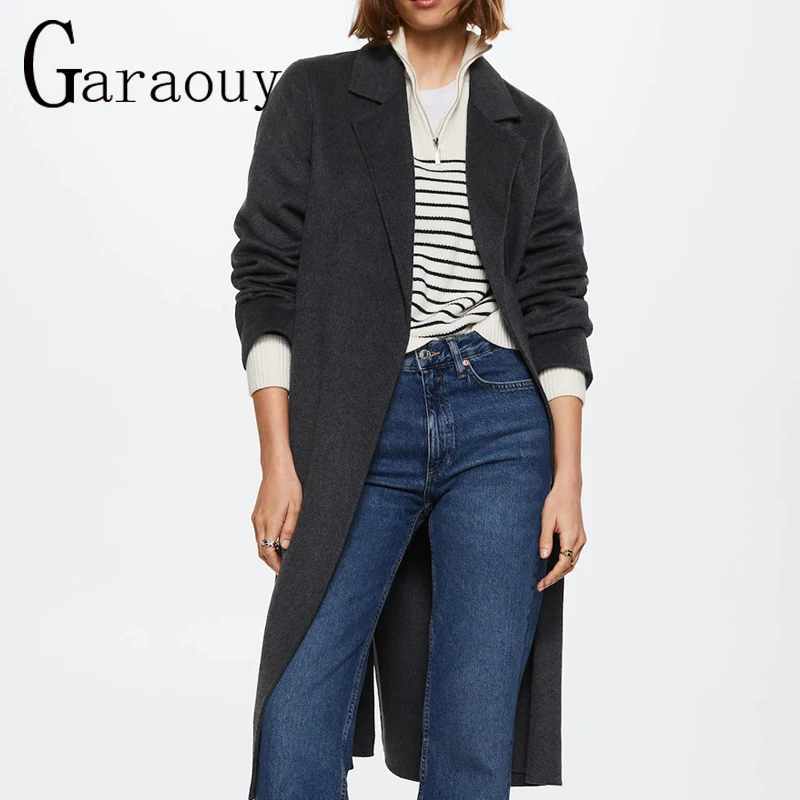 

Garaouy 2022 Autumn New Women's Vintage Casual Simple Classic Long Woolen Coat 3 Colors Cardigan With Belt Overcoat Female Mujer