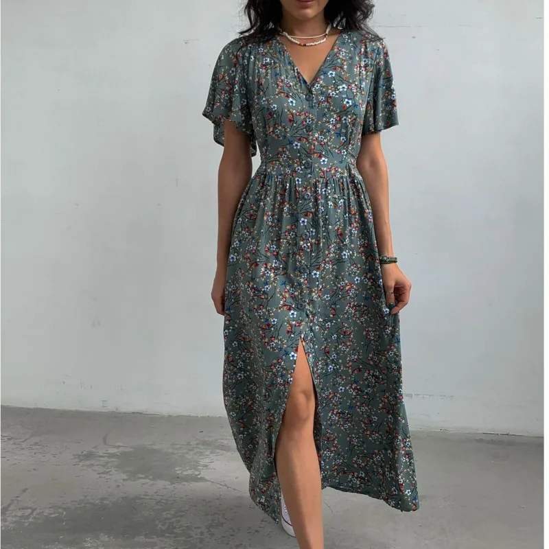 

2023 Summer Women Dress French Style Flower Printed Skirt V-Neck Elegant Lace-up Sundress Elegantes Mujer Maxi Dress Vestido