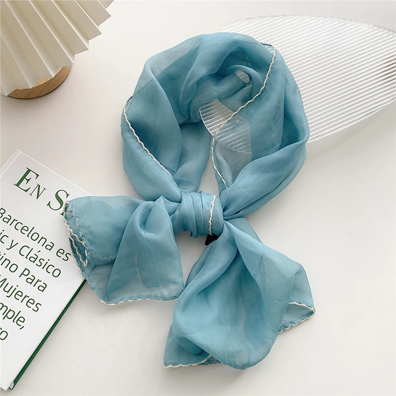 

105cm Pure Color Long Silk Scarf For Ladies Skinny Thin Scarves Soft Gauze Sunscreen Shawl Headscarf Small Handle Bag Ribbon