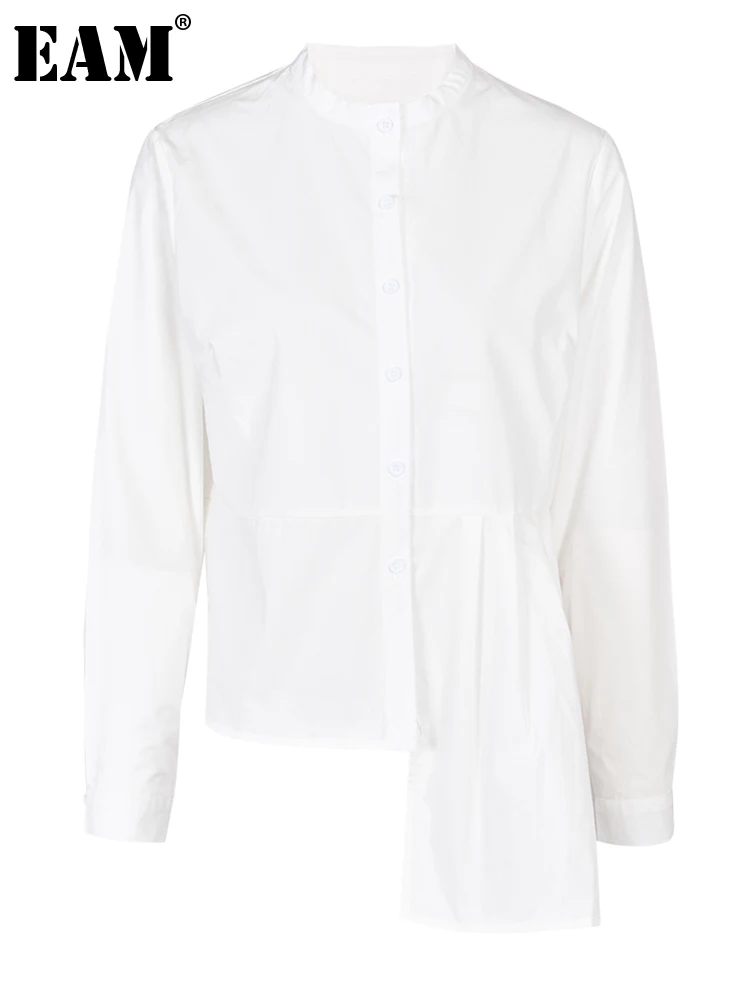 

[EAM] Женская белая Асимметричная плиссированная блузка, новая свободная рубашка с воротником-стойкой и длинным рукавом, модная демисезонная...