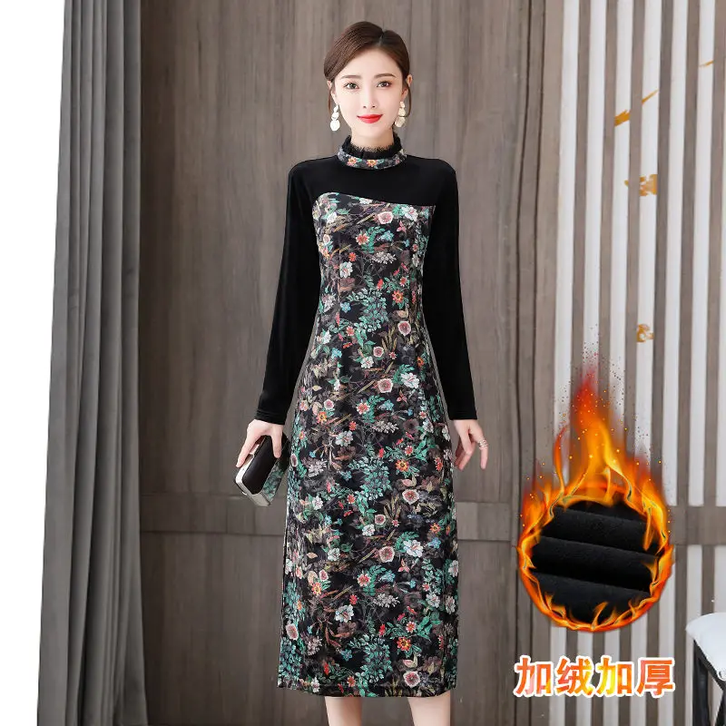 Winter Dresses For Women 2022 Elegant Long Sleeve Design  Retro Ethnic Style Floral Stitching Thickened Fleece Dress Autumn T364