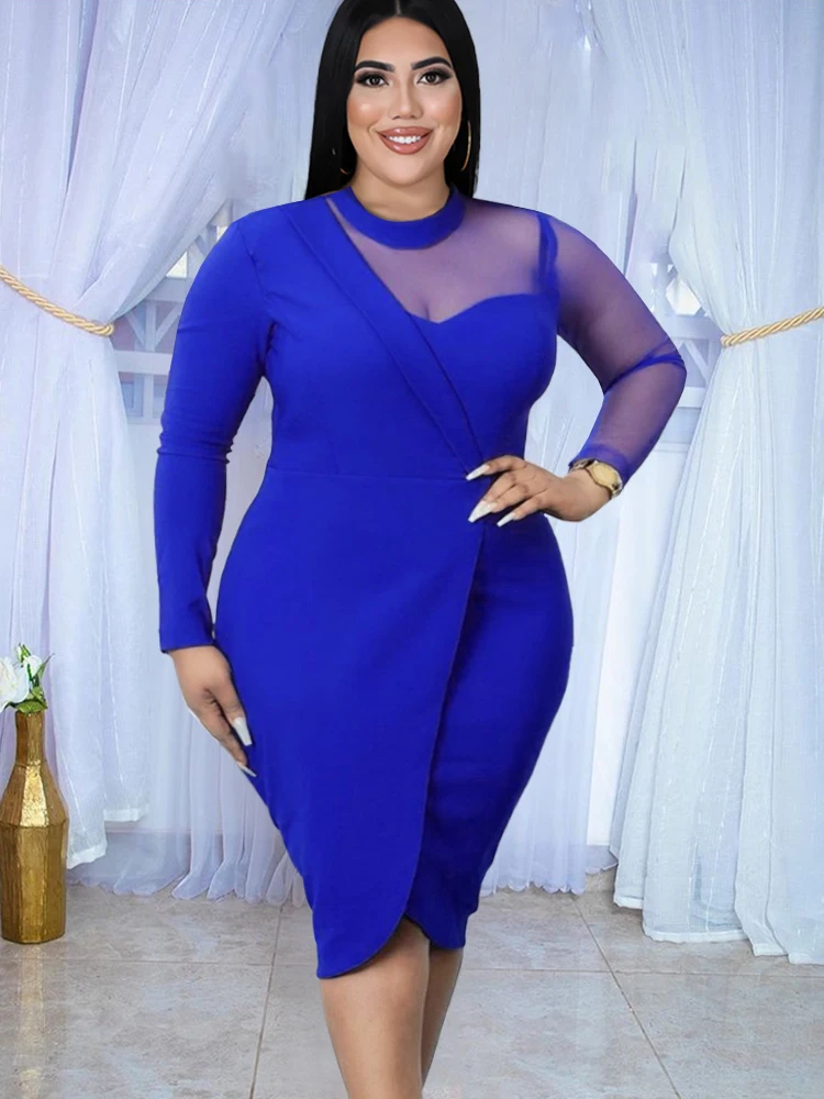 

Sexy Blue Patchwork Dresses High Neck Long Mesh Sleeve High Waist Knee Length Gowns Outfits Plus Size 4XL Evening Party Dress