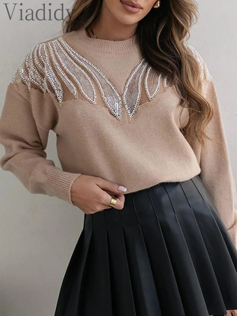 

Women Casual Solid Color Contrast Sequin Knit Pullover Sweater